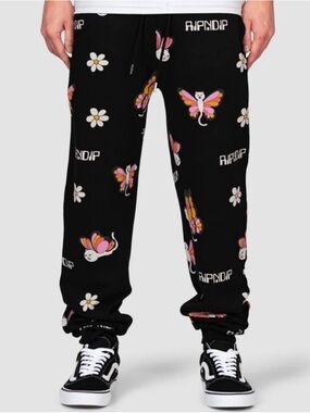 Ripndip Black Sweatpants with Pink & Yellow Butterfly Cat and White Daisy Print